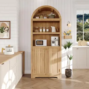 72" Tall Arched Storage Cabinet with Doors, 5-Tier Wood Kitchen Pantry Cabinet Bookshelf, Modern Standing Display Cupboard for Living Room, Dining Room and Home Office