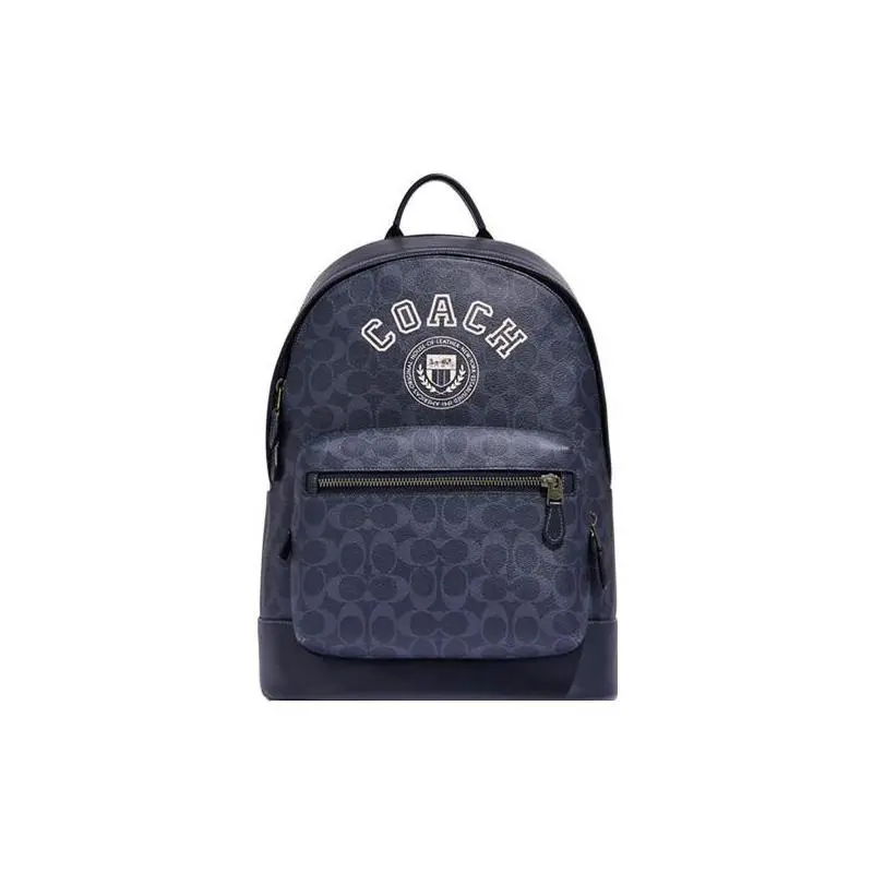 COACH West 32 Classic Monogram Zip Leather Backpack for Men, Denim Blue and Chalk White Verifiable, with credentials and supporting global authentication