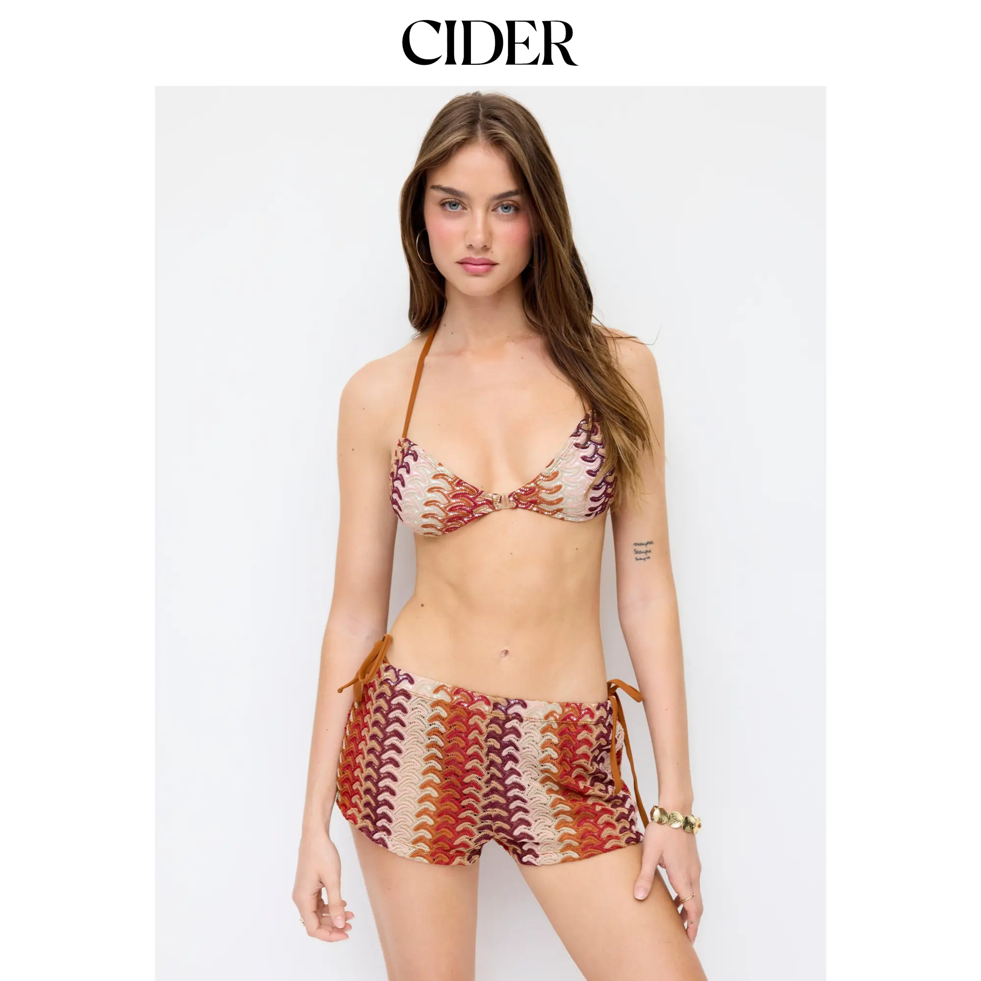 Cider Halter Neckline Wave Triangle Tie Side Bikini Set With Cover Up Shorts