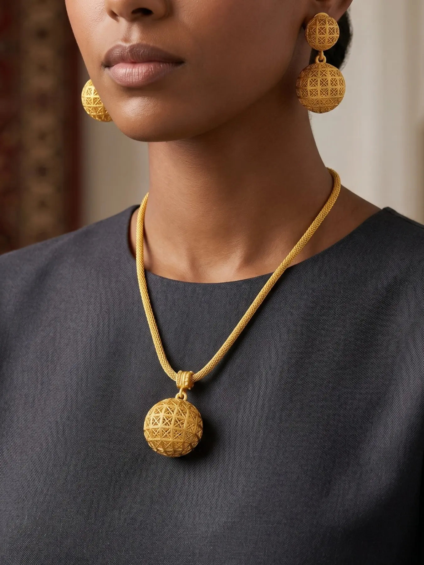 Middle Eastern Jewelry Set, Necklaces Earrings Set, Geometric Mesh Hollow Ball Design, Elegant Style for Wedding Party Daily Wear Evening Gown Gift
