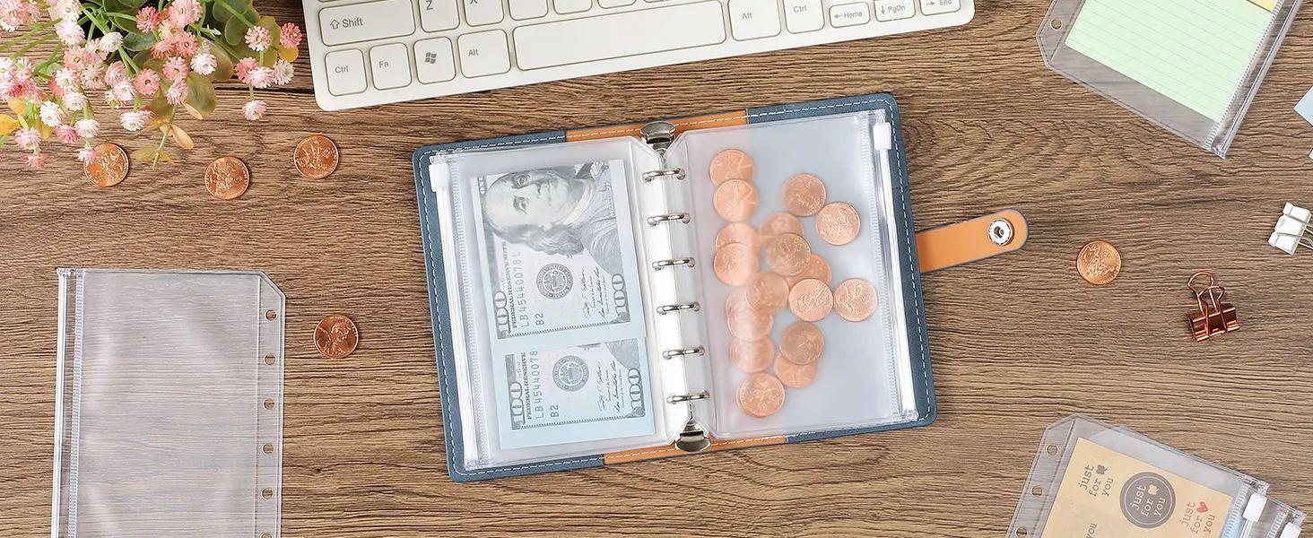 16PCS A7 Mini Binder Pockets 6 Holes Cash Envelopes for Budgeting, Clear Zipper Coin Money Pouch Loose Leaf Bags Waterproof PVC Insert for A7 6-Ring Budget Binder