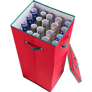 Wrapping Paper Storage Box- Holds 20 Rolls of 30” Gift Wrap-Upright Container with Lid, Dividers & Handles-Christmas & Birthday Wrap (Red)