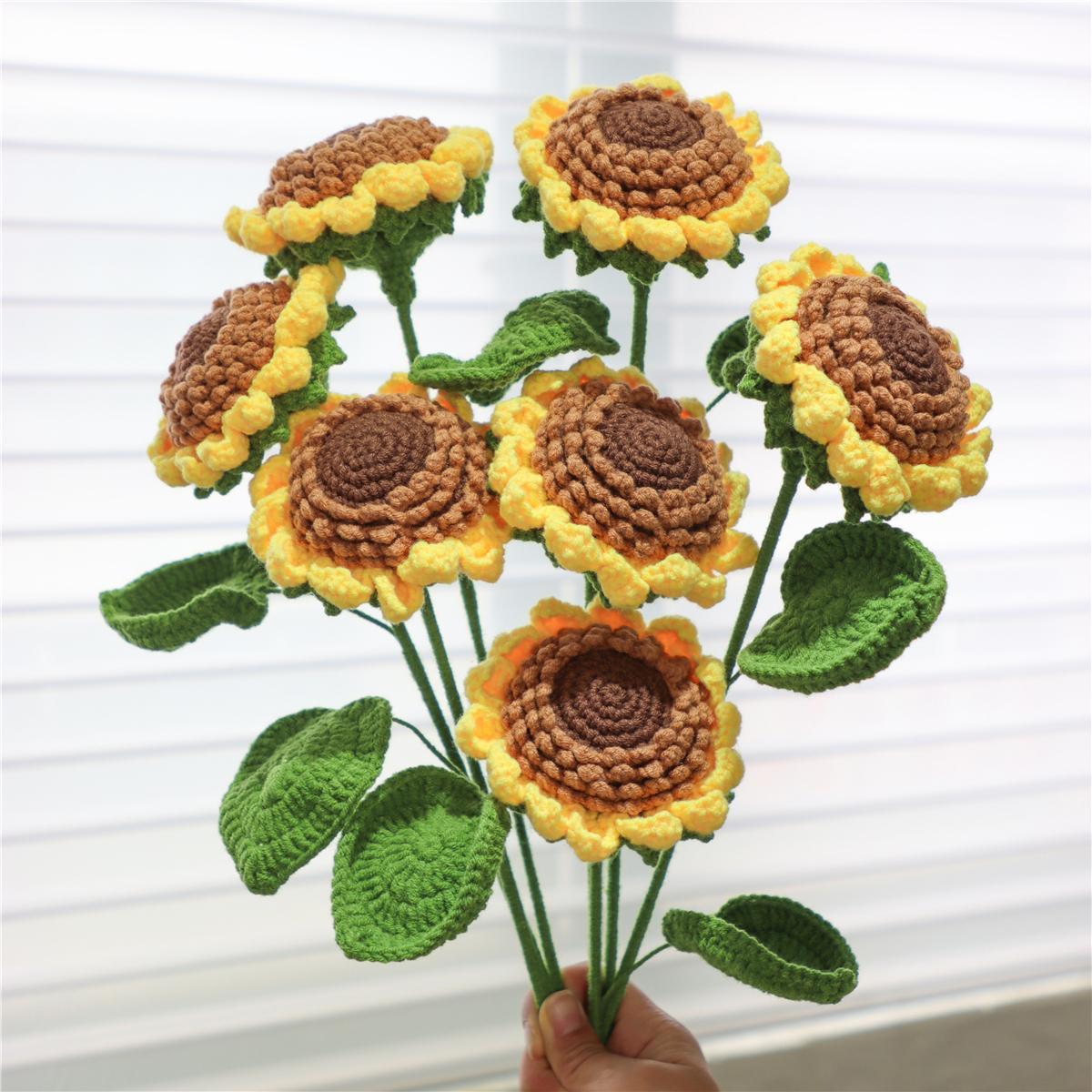 Sunflower Design Crochet Flower for Room Decor, 7 Counts/set Bedroom Decor Artificial Flower without Vase, Handmade Crochet Flower, Girlfriend Gifts, Boyfriend Gift, Valentine's Day Gift Ideas, Bouquet, Decorative Flowers, Woven Crochet Bouquet