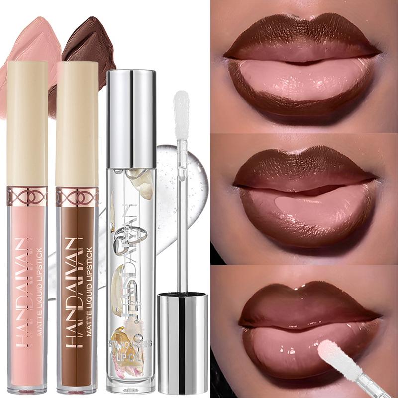 3pcs Matte Lip Gloss, Matte Liquid Lipstick and Lip Oil Set – Waterproof and Long-Lasting with Non-Stick Velvet Finish, Mixed Shades Hydrating Matte Lip Liner and Gloss Combo for Parties, Festivals, Daily Makeup and Daily Wear