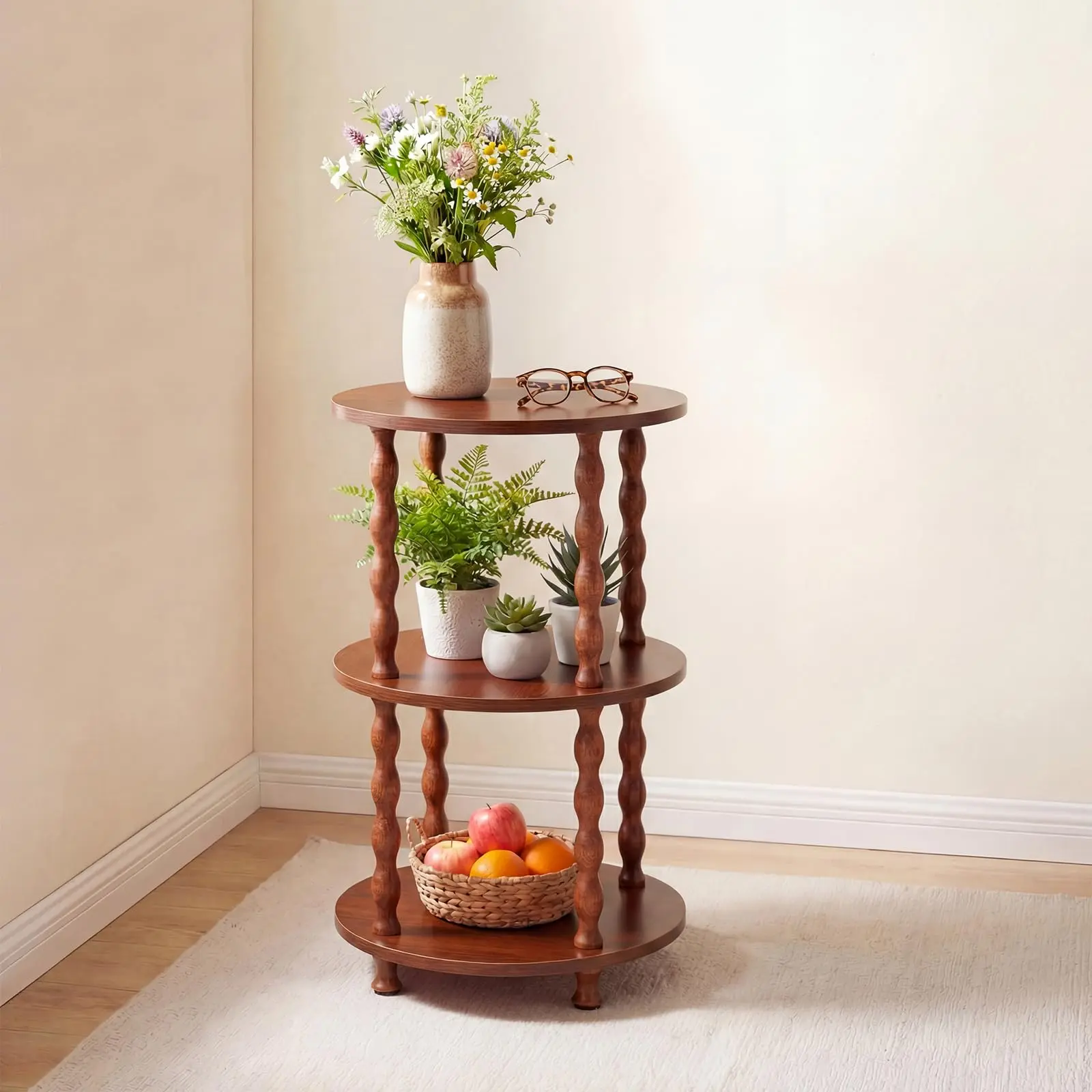 3-Tier Round Small Side Table with Storage Shelf - Modern Compact Wood Accent Nightstand, Furniture for Small Spaces, Easy Assembly Indoor Furniture for Living Room, Bedroom