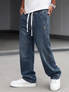 Men's Vintage Washed Denim Jeans, Casual Streetwear Long Pants, Pocket, Drawstring Waist, Elastic Waistband, Loose Straight Fit, Daily Wear