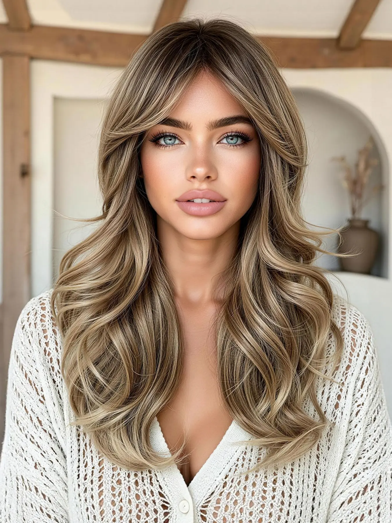 Women's Ash Base Gold Highlights Long Layered Wavy Wig, 20 Inches Big Wave Synthetic Wig, Realistic Daily Style Wig, Elegant Wigs
