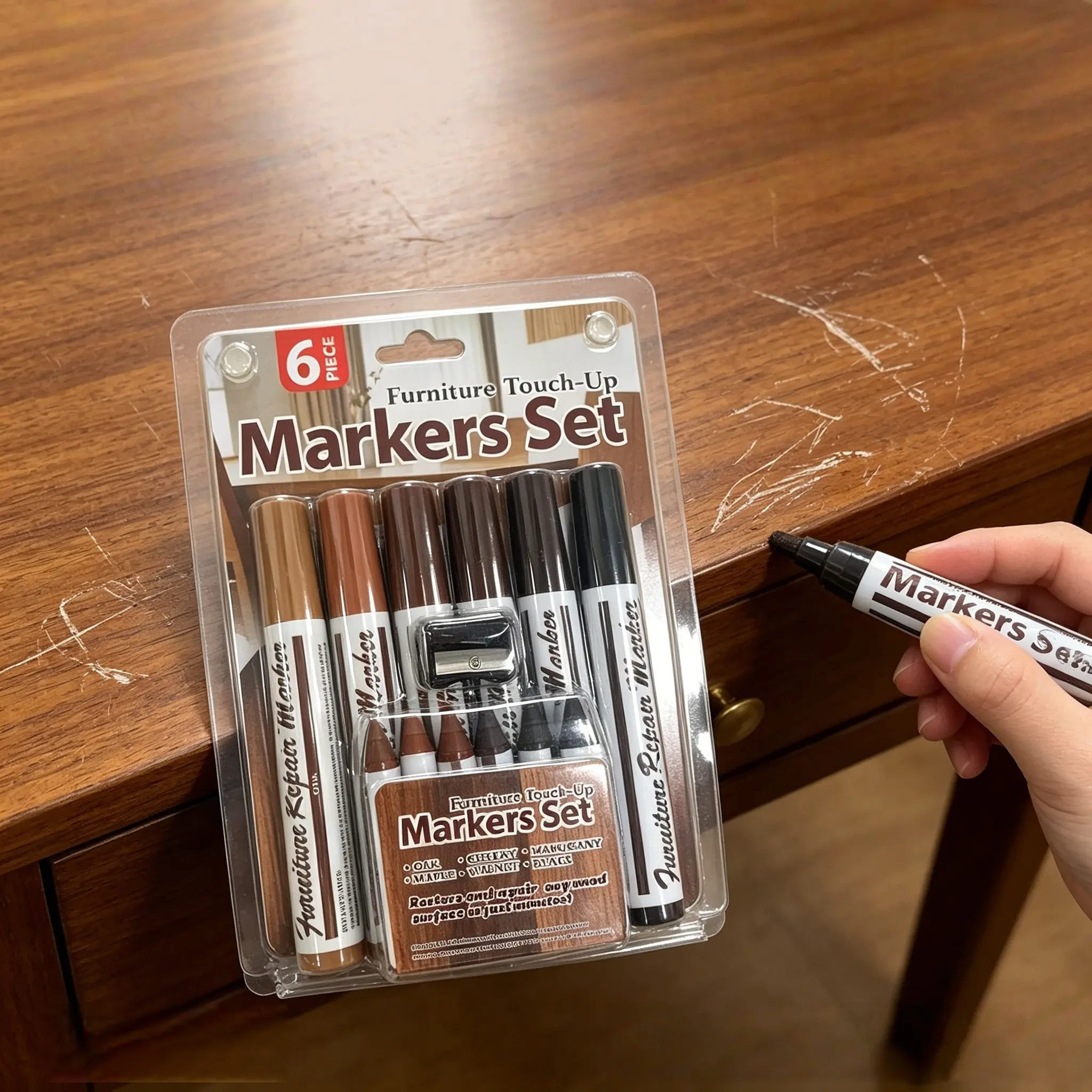 12-Piece Furniture Repair Kit, Includes Markers and Filler Sticks, Fix Wood Scratches, Paint Touch-Up, Wax Pencil, Free Pencil Knife