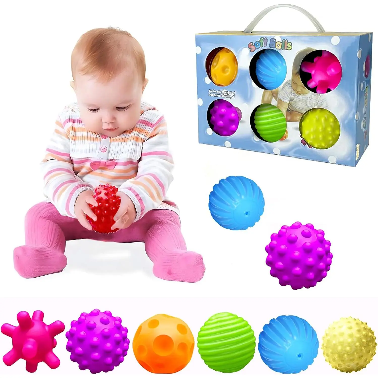 Multicolor Textured Sensory Balls, 6 Pack Soft BPA-Free Massage Toy Gift Set for Baby, Infant Toys for 6 to 12 Months, 6 - 9 Months, Bright Rainbow Smiley Balls