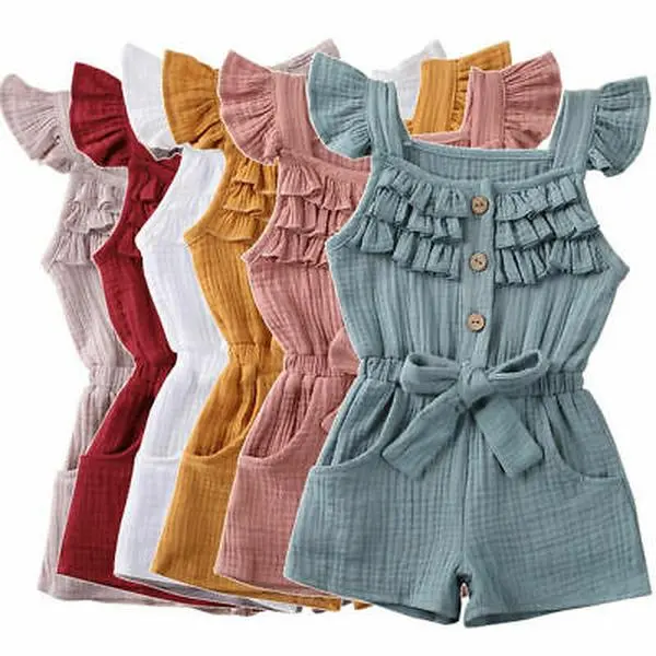 Toddler Girls Solid Color Flying Sleeve Romper Sleeveless Button Down Elastic Waist Jumpsuit Outfit