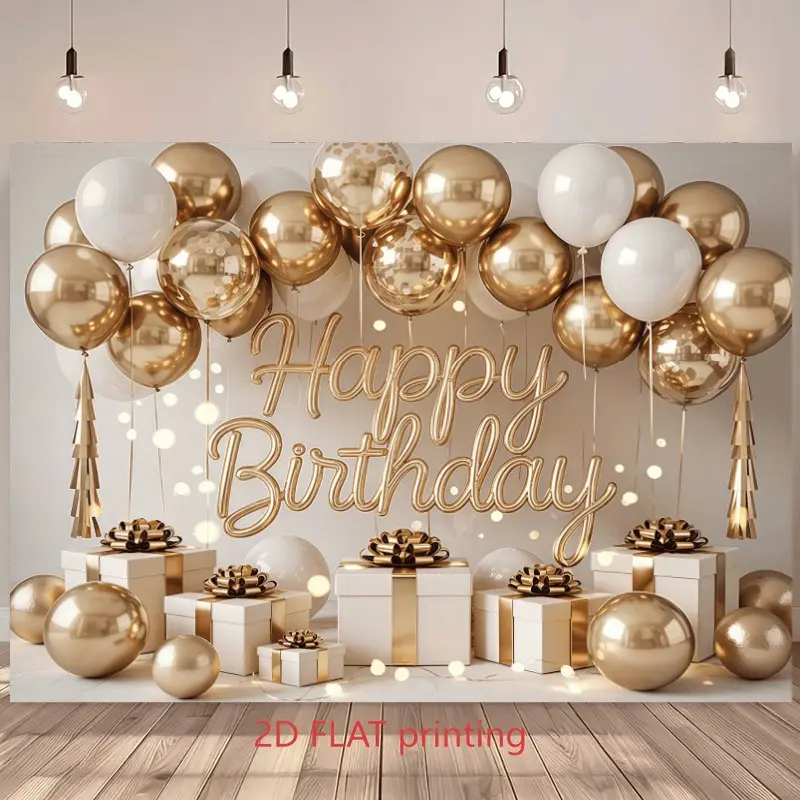 2D Flat Banner 1pc Gold White Luxury Happy Birthday Backdrop, Gift boxes and decorative tassel ornaments, suitable for birthday party, photo shooting and scene decoration, polyester material