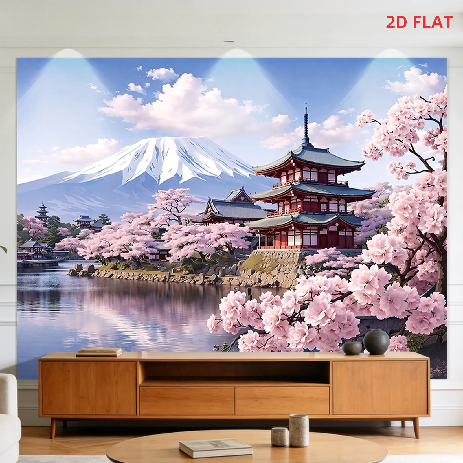 Large Themed 2D Flat Tapestry Wall Hanging - Cherry Blossom, Pagoda, Mountain, Spring Water Zen Decor - Indoor Home Supply for Bedroom, Meditation Area - Horizontal Fabric Panel, Indoors