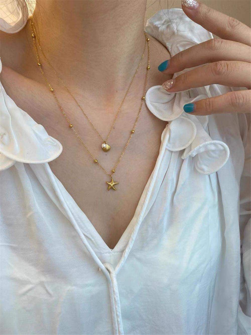 Necklace for Women,Layered Starfish Conch SeaShell Pearl Pendant Charm Necklace Stack Waterproof Dainty Beach Jewelry for Summer Vacation