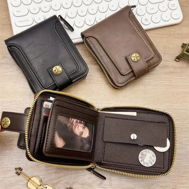 Vintage Retro Zipper Wallet Premium Texture Multi Slot Credit Card Purse Photo Window Cash Change Storage Bag Everyday Carry Men Purse