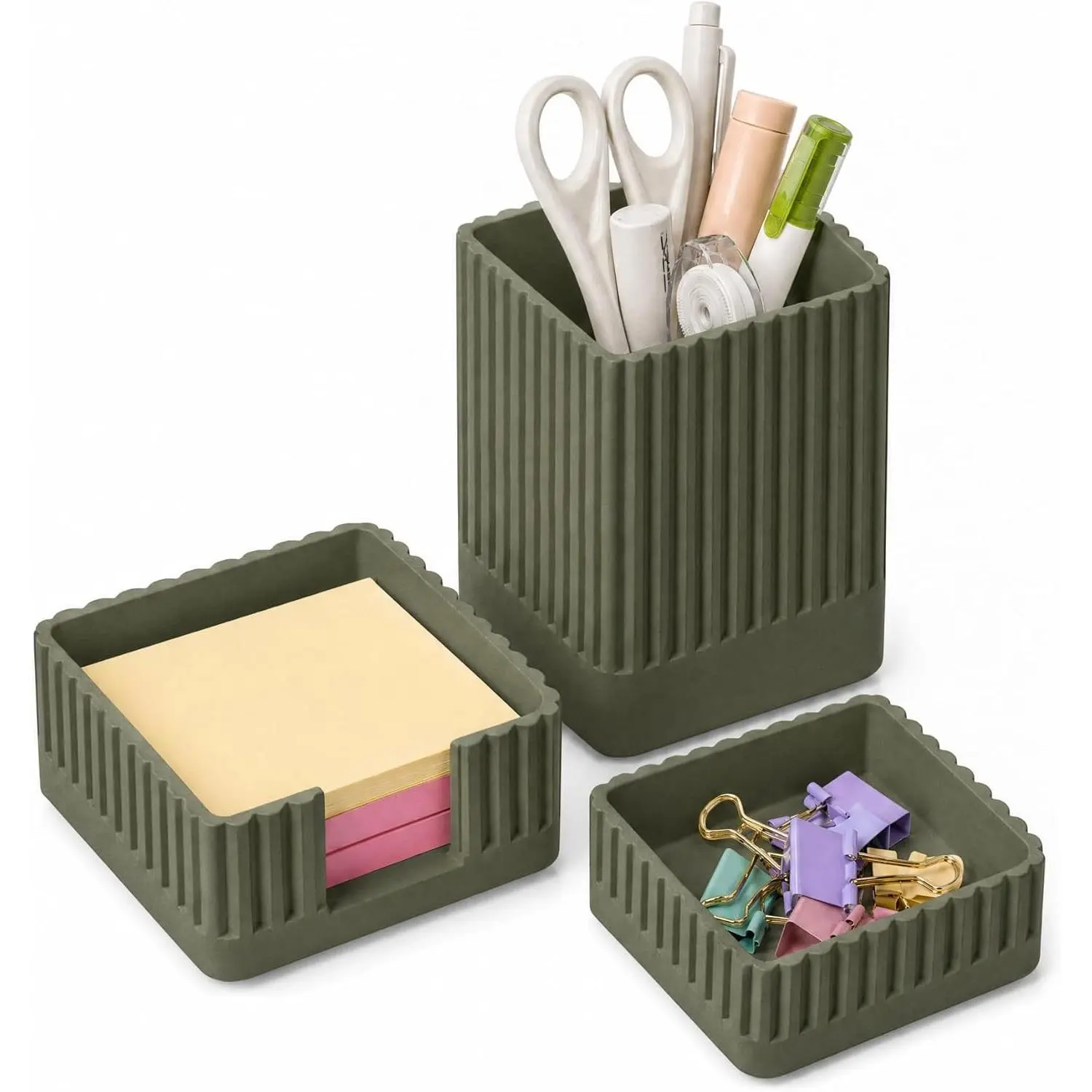 Green Desk Organizer Accessories Set, with Pen, Clip and Sticky Note Holder | Weighted Concrete Build, Aesthetic Desk Decor for Women or Man, Home Office, Teacher Desk, Dorm Room, Reception Area