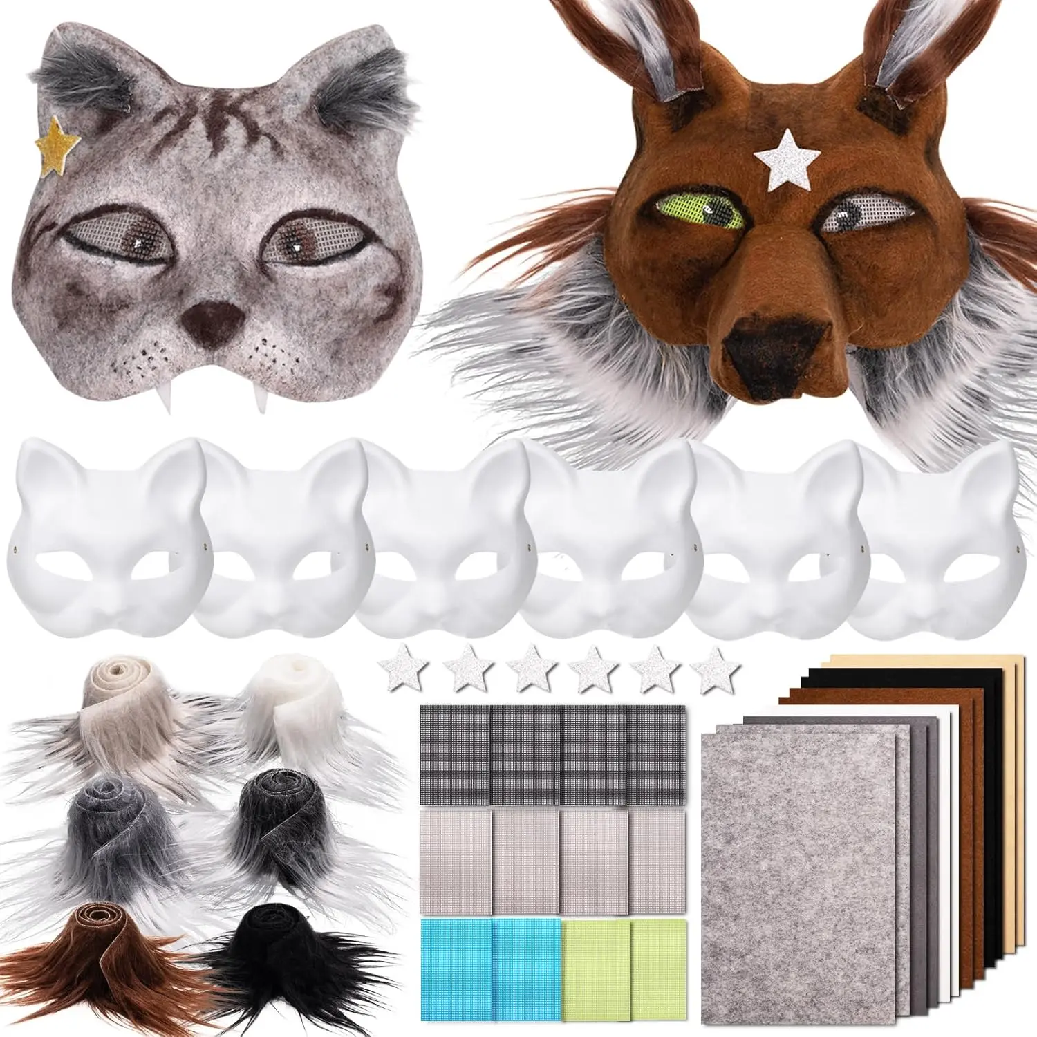 Cat Fox Therian Masks 42PCS with Felt Furs Eye Meshes and Stars, Costume Furry Masks to Paint, Animal Mask Arts Crafts Kit, DIY Dress Up for Halloween Christmas Cosplay Party Interaction