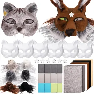 Cat Fox Therian Masks 42PCS with Felt Furs Eye Meshes and Stars, Costume Furry Masks to Paint, Animal Mask Arts Crafts Kit, DIY Dress Up for Halloween Christmas Cosplay Party Interaction
