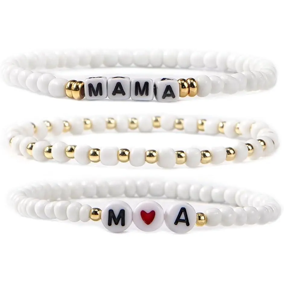 Women's Lead-Free Safe Mama Beaded Bracelet - Dainty Plated White Beads Slogan Bracelets & Bangles, Mother's Day Gift for Moms To Be