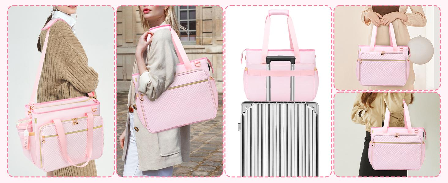 Teacher Tote Bag with Accordion File Organizer Pocket, Soft Nylon Utility Bag with 15.6 inch Laptop Compartment & USB Port, Large Work Tote Bag for Office Supplies Women (Pink)