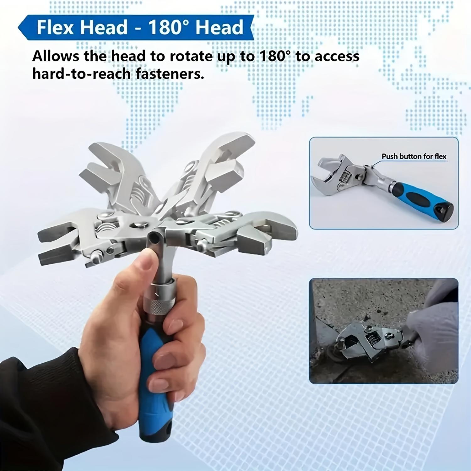 Flexhead Adjustable Wrench 10Inch to 12 Inch Ratcheting Crescent Wide Jaw Wrench Retractable Extension Shank And 180 Degree Rotating Head for Home Garage Workshop