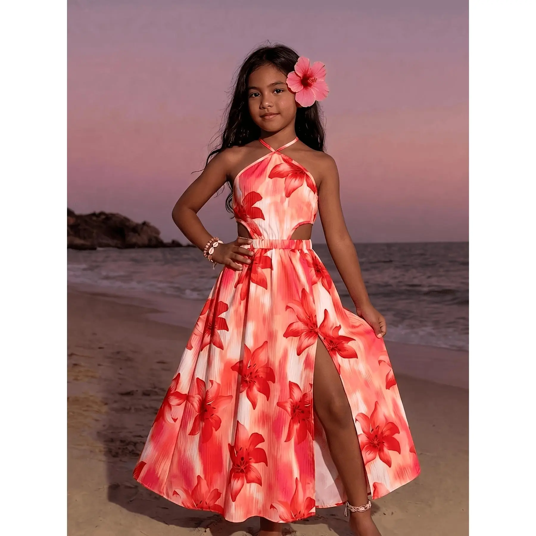 Girls Vacation Style Halter Neck Long Dress For 8-12 Years Old, Summer Big Floral Print Beach Skirt, Waist Hollow And Long Slit Design, Fashion Kids Outfit, Ideal For Beach Vacations, Daily Outings And Afternoon Tea Party Occasions