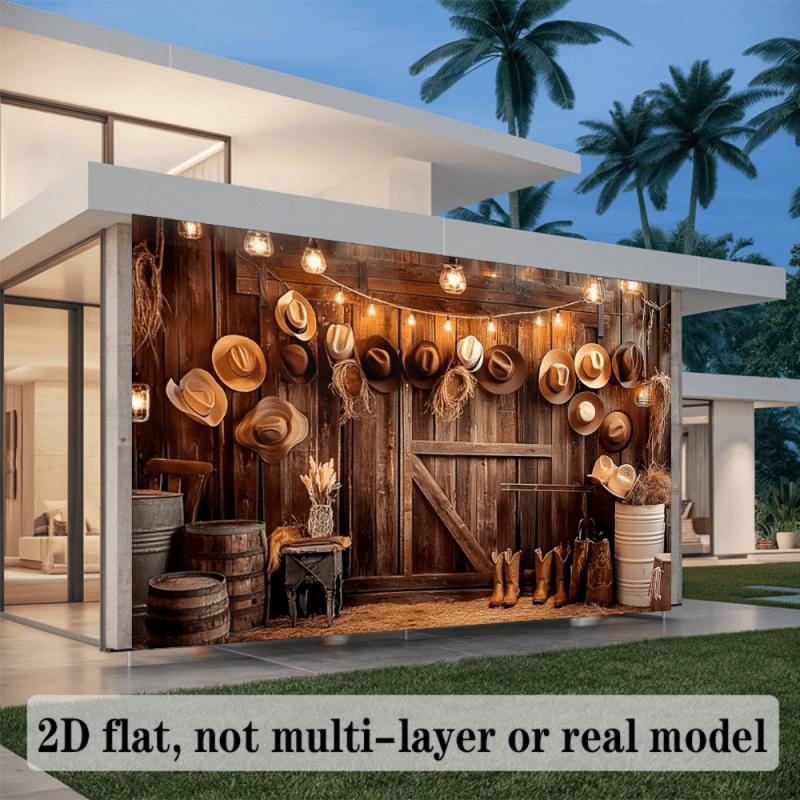 2D Western Cowboy Style Backdrop with a Wooden Barn Door, Hanging Cowboy Hat, Hay Stacks, Wooden Barrel, Metal Bucket, Cowboy Boots, Decorative String Lights, Hay, Vintage Small Table, Glass Jars, and a Dark