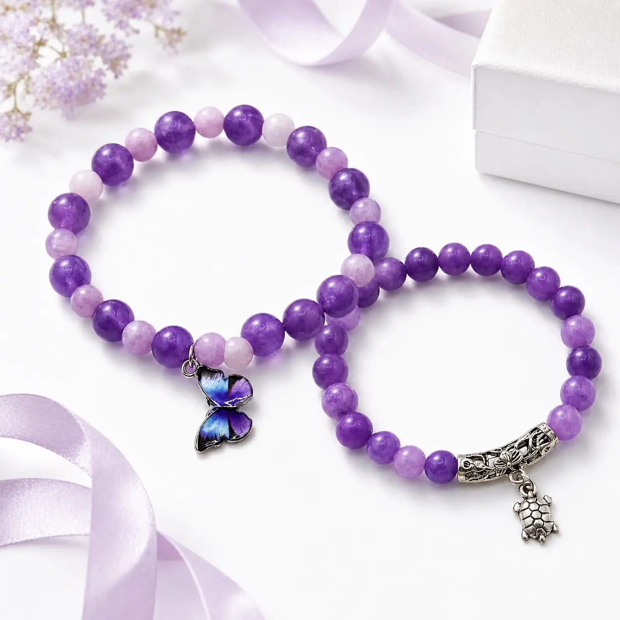 2pcs Natural Amethyst Bracelet Set for Women Men, Crystal Beaded Stretch Bracelet, Handmade Gemstone Jewelry, Butterfly Charm Gift