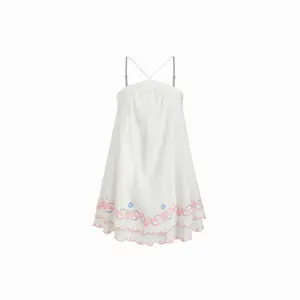 Cider Linen-blend Halter Neckline Fruit Embroidery Scalloped Hem Oversized A-line Mini Dress Dealsforyou