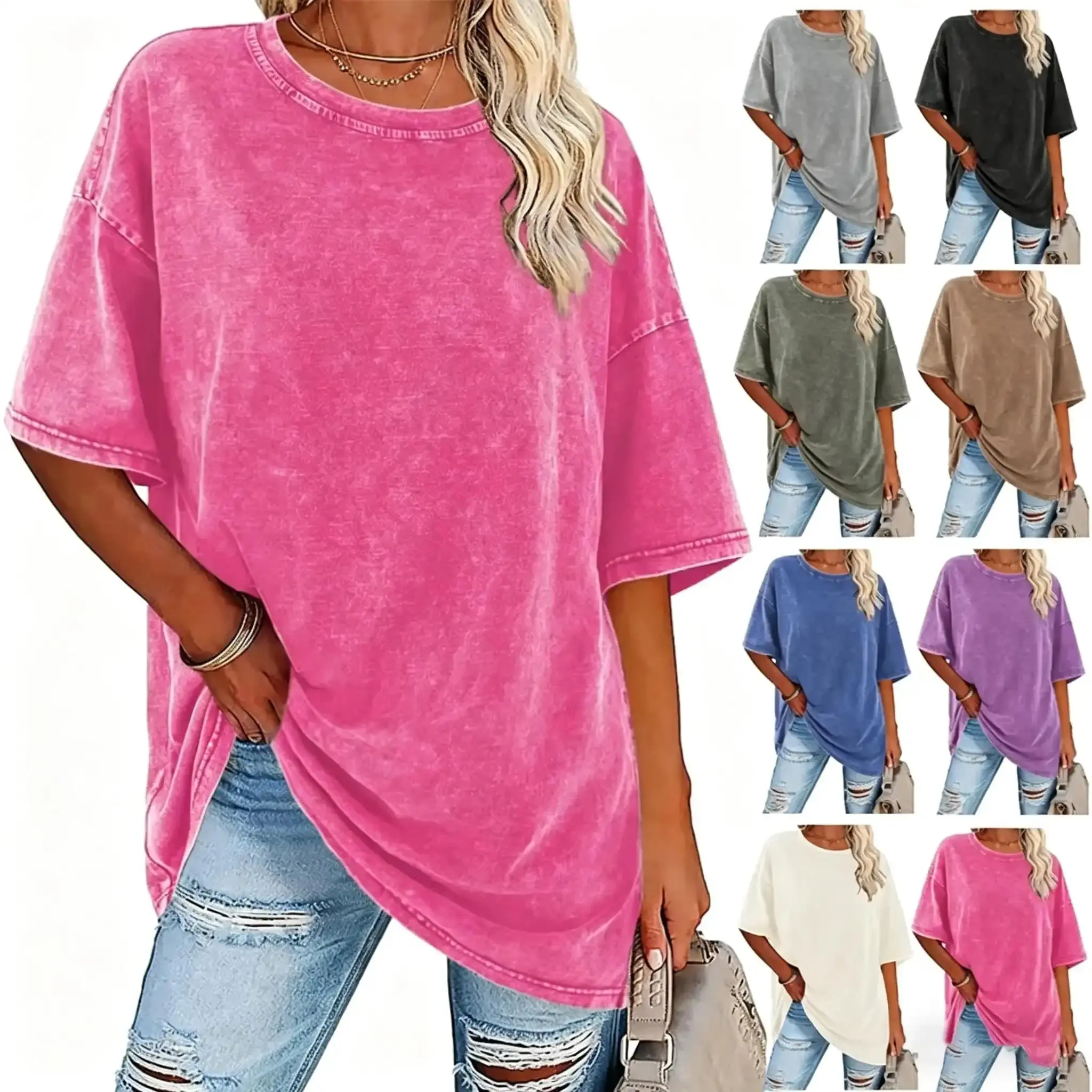 Women's 230g 100% Cotton Vintage Washed Soft Baggy Stylish Machine-Washable Basic Solid Color Round Neck Short-Sleeve T-Shirt - Oversized Loose Fit Streetwear, Ideal for Everyday Wear, Great Gift, Soft Women's T-Shirts, Baggy Women's T-Shirts