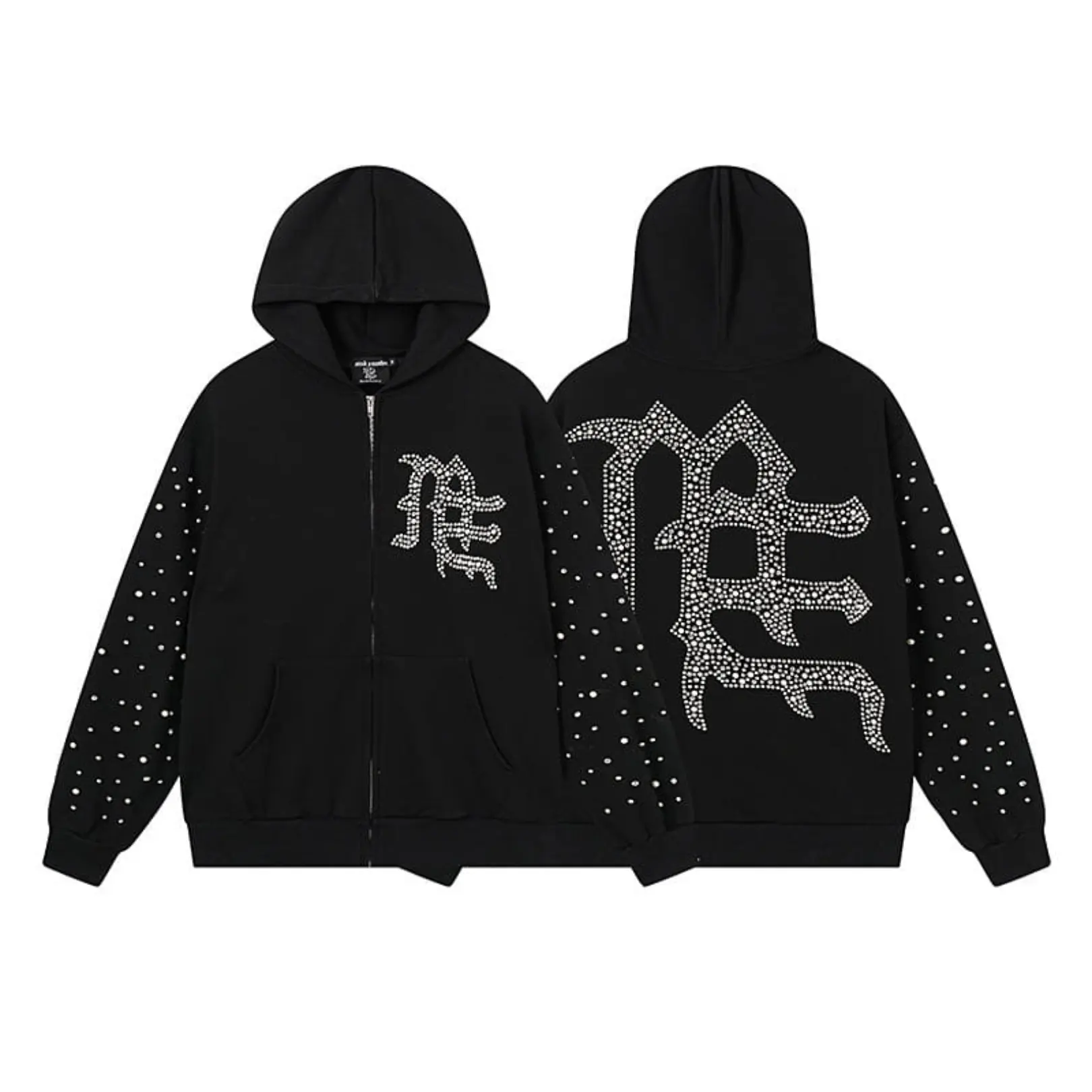 MIXED EMOTIONS Black Rhinestone Zip Up Hoodie 100% Cotton Oversized Loose Y2K Pearl Sleeve Hooded Sweatshirt Streetwear Jacket Autumn Winter Men Women Unisex