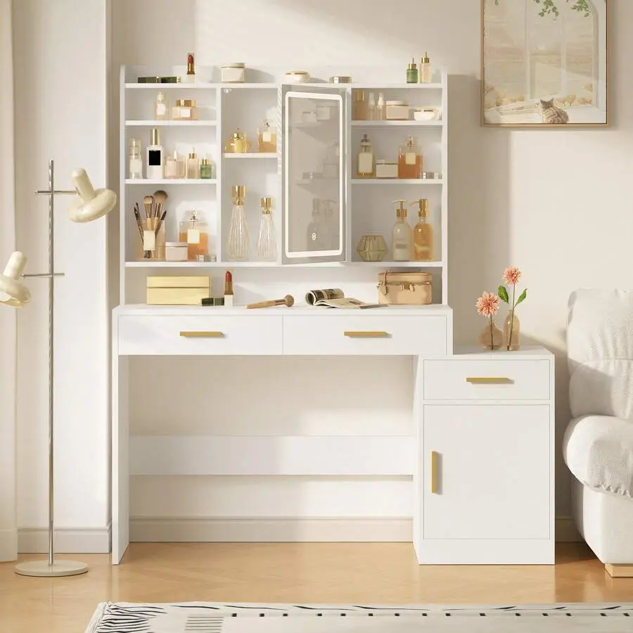 Large White Vanity Desk with Lighted Mirror, Makeup Vanity Desk with 3 Drawers, Adjustable Shelves & Storage Cabinet, Bedroom Furniture for Women, Ideal for Christmas & Birthday Gifting