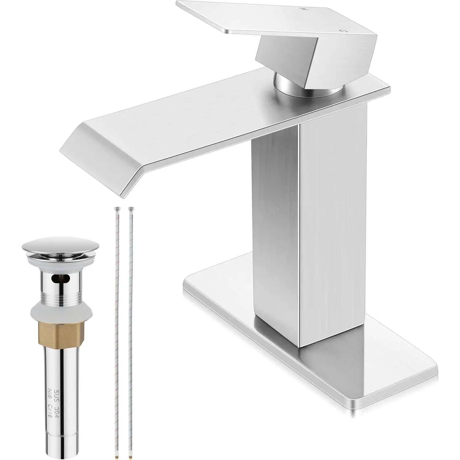 Brushed Nickel Waterfall Bathroom Faucet for Sink 3 Hole, Stainless Steel  Sink Faucet, Rv Bathroom Tap with 1 Handle, Pop Up Drain, Deck Plate and  Hose
