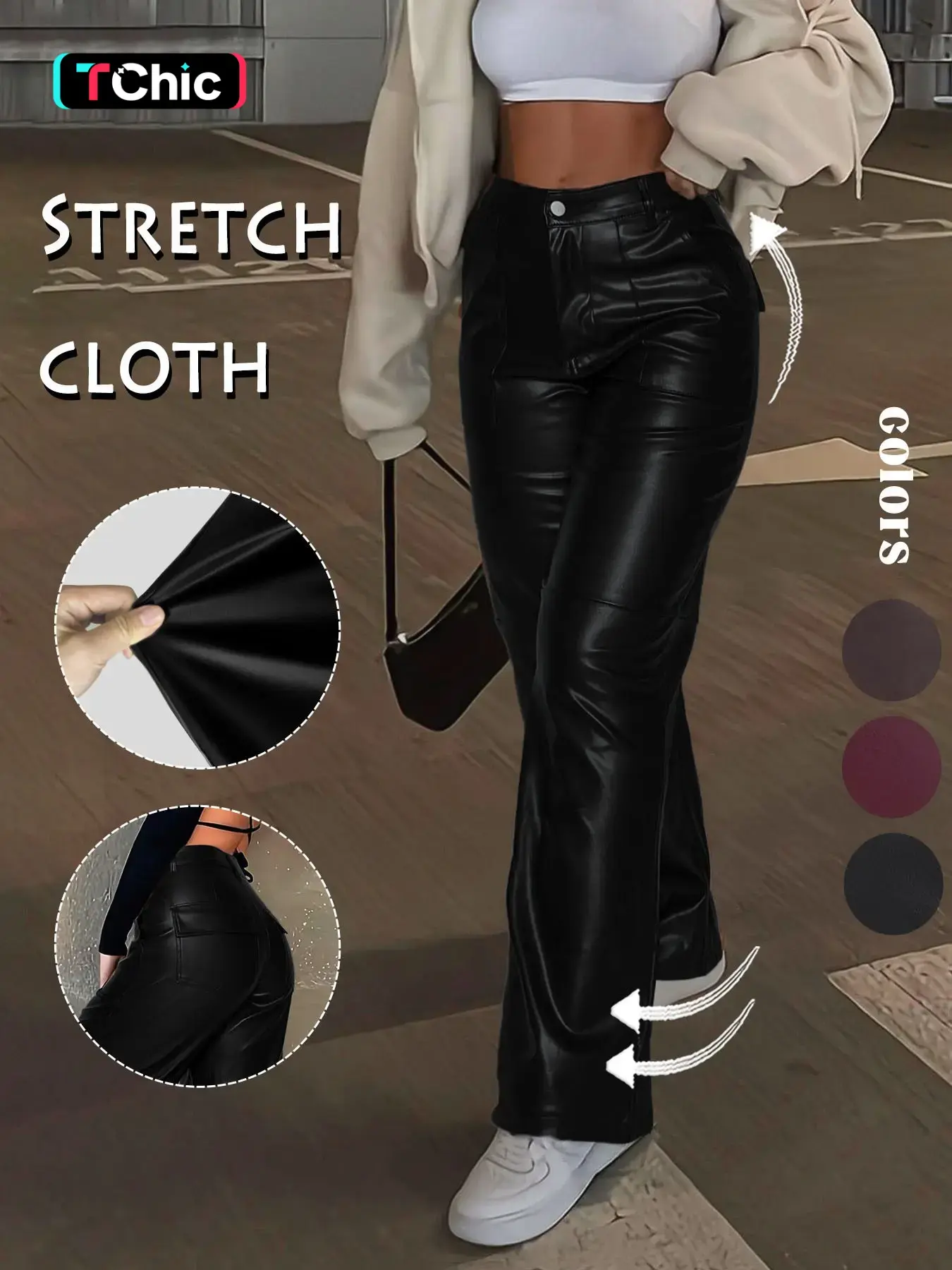 GILIPUR Y2K Women's Pocket Button Fly Pu Leather Casual Loose Pants, Casual Streetwear Bottoms, Casual Streetwear Trousers, Fitted High Waist Trousers For Daily Outdoor Wear, Casual Comfy Trousers For Women