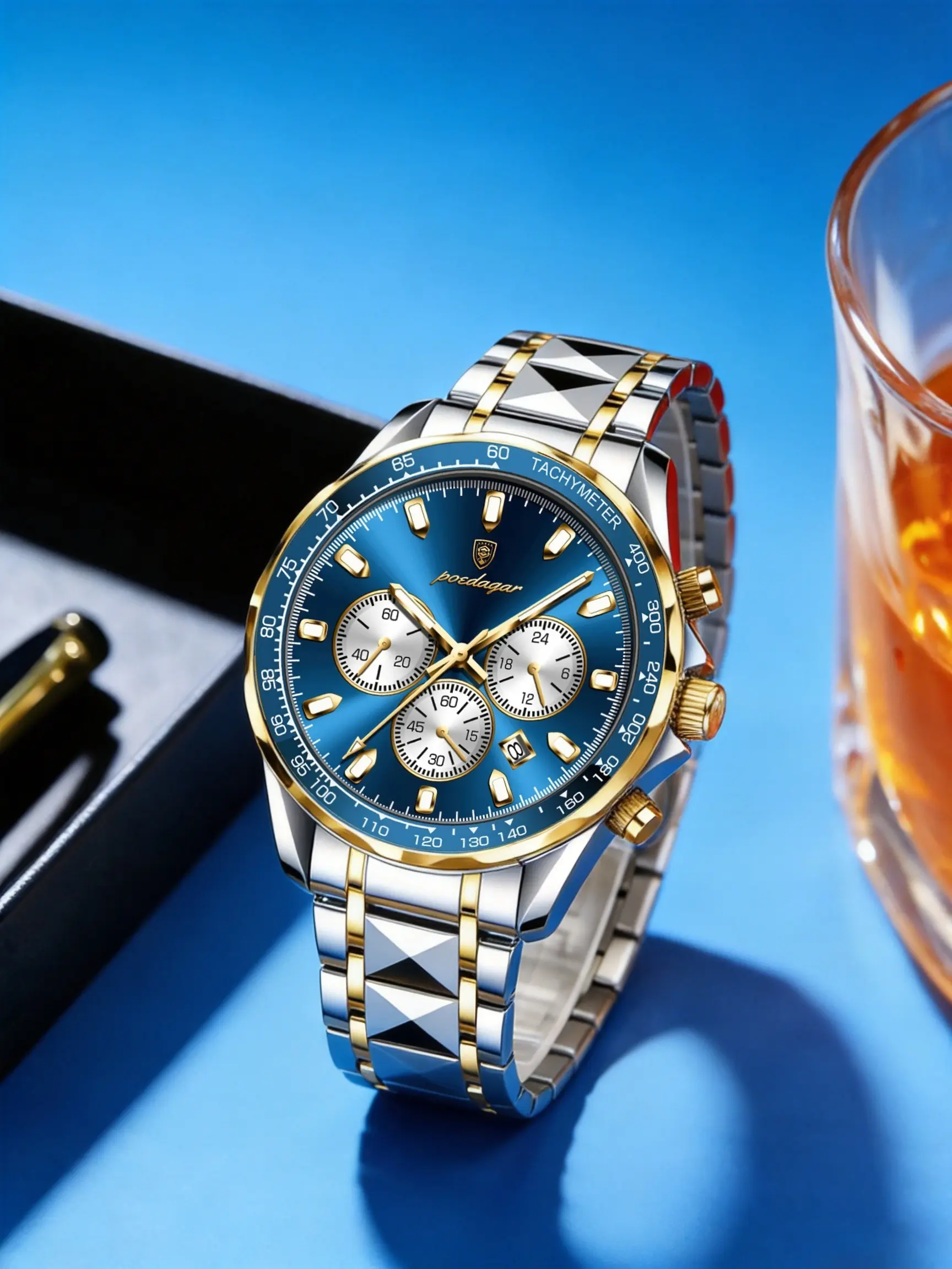 Men Racing Chronograph Watch Two-Tone Stainless Steel Band Sunburst Blue Dial Tachymeter Bezel Luminous Marker Date Waterproof Quartz Wristwatch Sports Business Male Watch Gift for Husband Father Office Driving Daily Analog Chronograph Watch