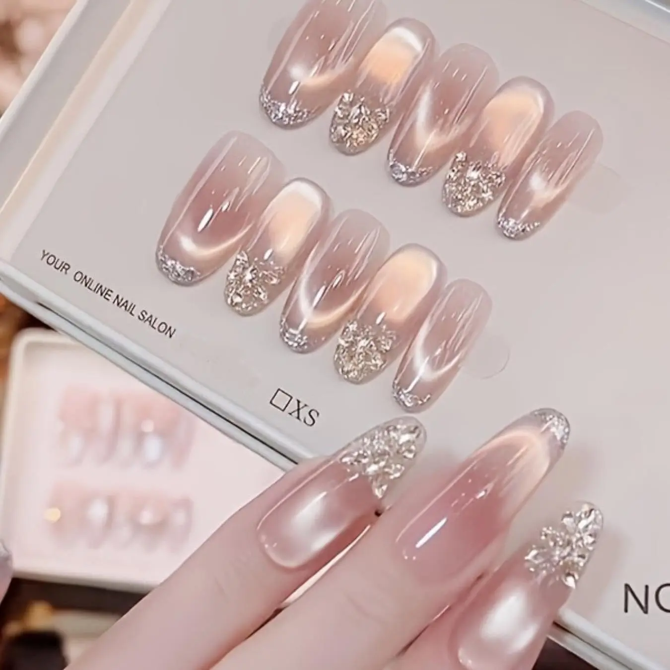 1set Nude Gradient Nail Art Stickers, Rhinestone Pearl Decor, Reusable Shiny False Nails, Perfect for Brides, Parties, Daily Use