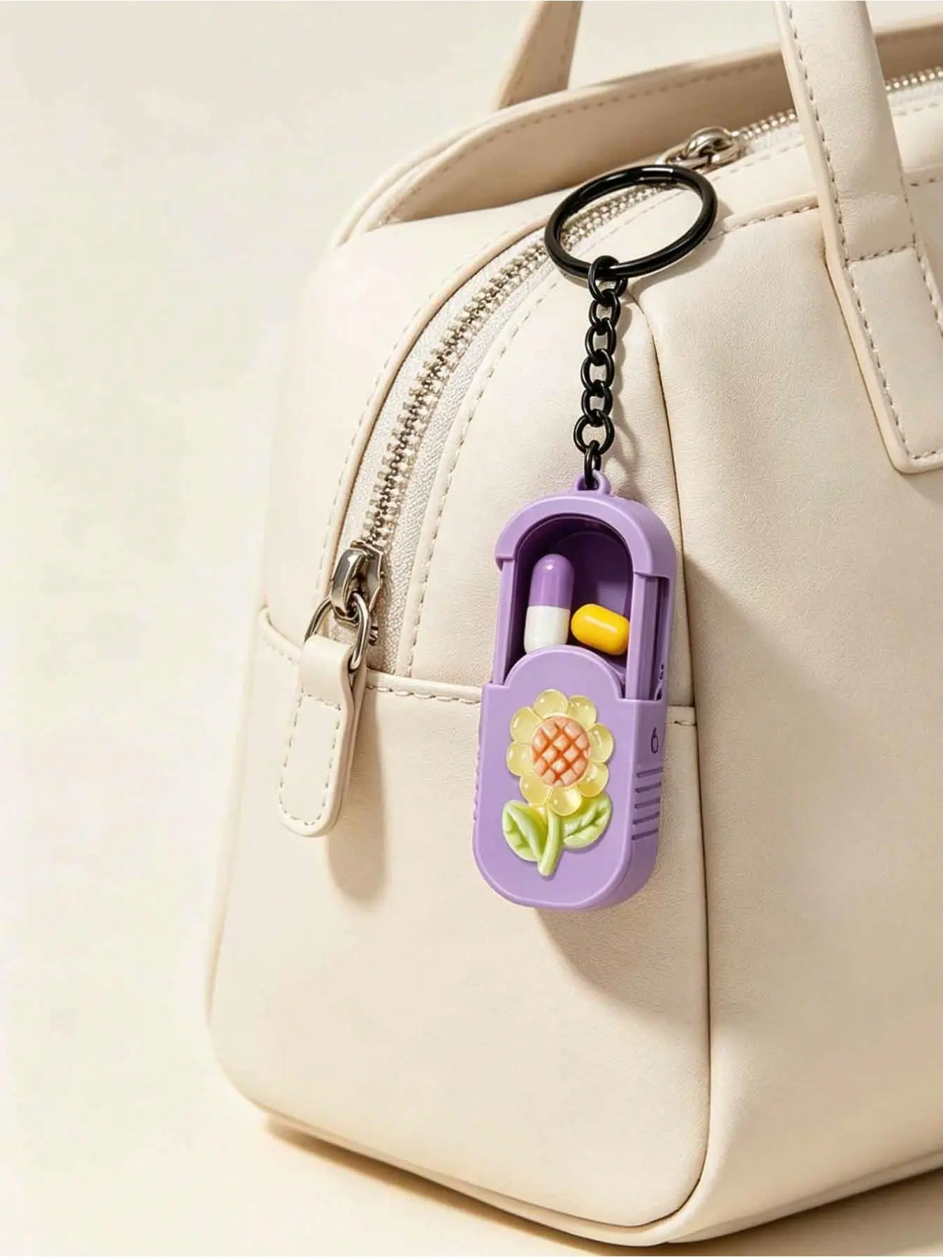 Handmade Portable Pill Case Keychain with Sunflower Tulip Transparent Resin Decor, Waterproof Compact Pocket Daily Vitamin Tablet Organizer, Travel Family Essential Medicine Storage Box