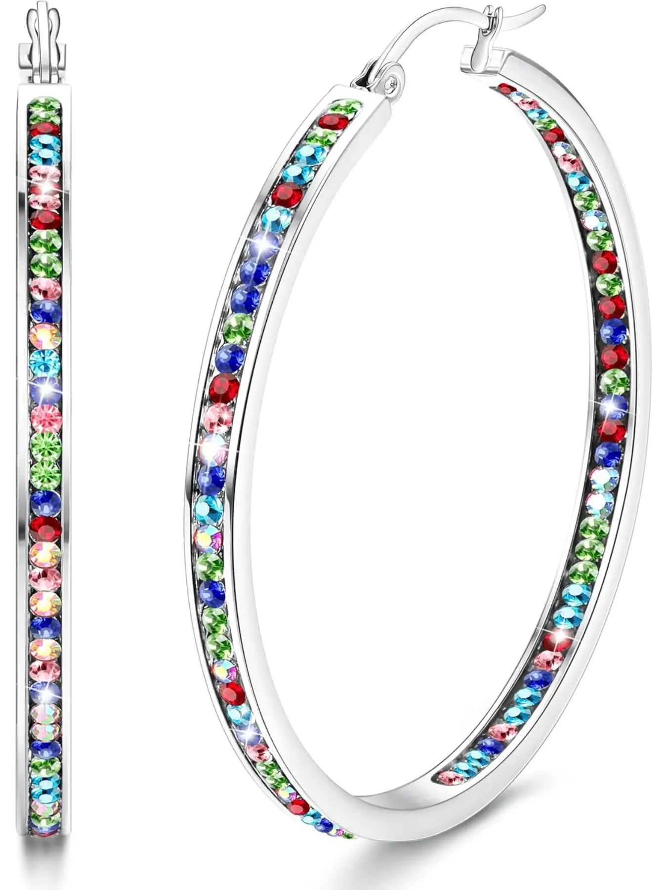 Multicolor Rhinestone Earrings - Stainless Steel Cute Huggie Hoops - 35MM/40MM/50MM
