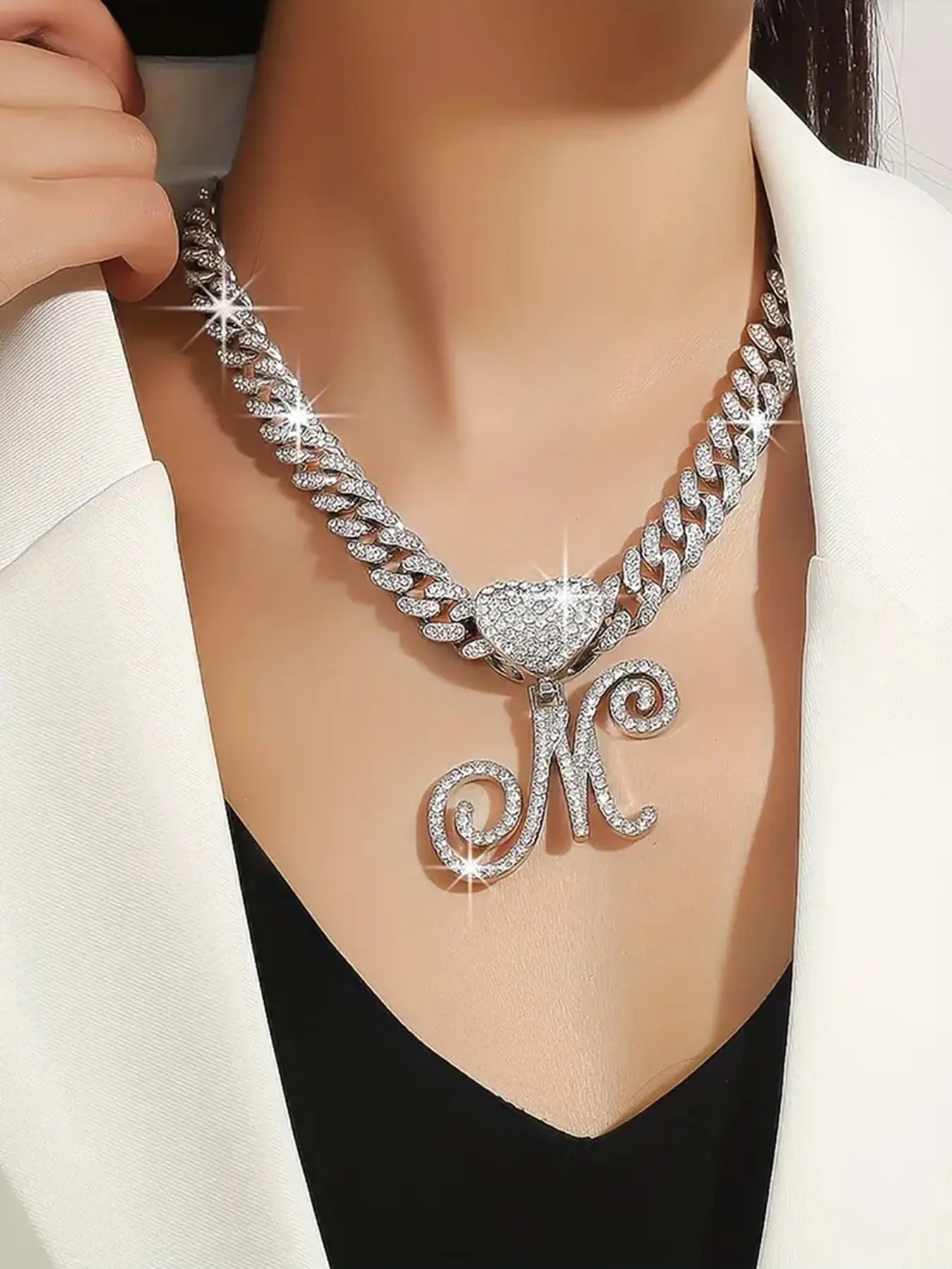 Women's Silver Color Letter Cuban Chain Necklace, Miami Cuban Chain, Rhinestone Heart Pendant, Customizable Name, Hip Hop Style Gift