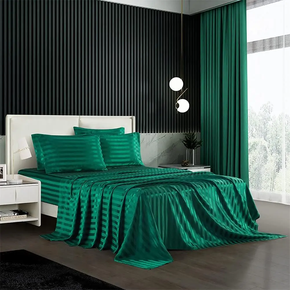 6 Piece Italian Style Bed Sheet Set Deep Stripes Soft 1800 Luxury Rich Silk 1 Flat Sheet 1 Fitted Sheet 4 Envelope Pillowcases Stain-Resistant Wrinkle Free (Queen,Green)