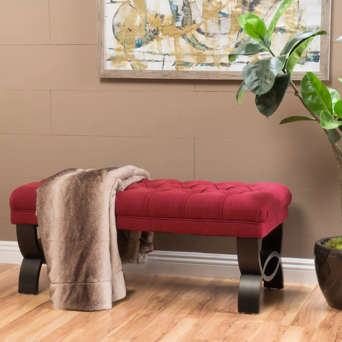 Ottoman Bench, Scarlett Tufted Upholstered Entryway Bench, End of Bed Ottoman Seat, Deep Red