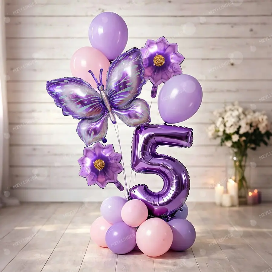 20 Piece Gradient Butterfly Flower Balloons, Number Birthday Balloon Set, Festival Party Decoration, Birthday Photo Props