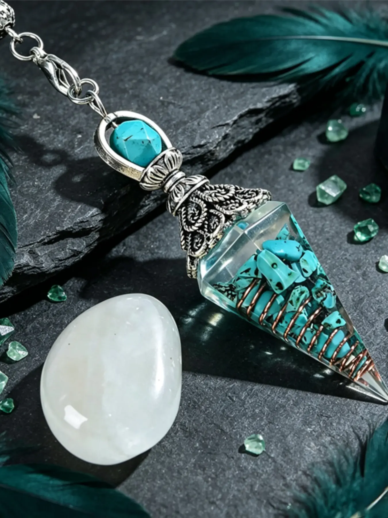 2pcs Retro Old Silver Turquoise Hex Cone Pendulum Set Natural Clear Quartz Stone Divination Meditation Dowsing Tool