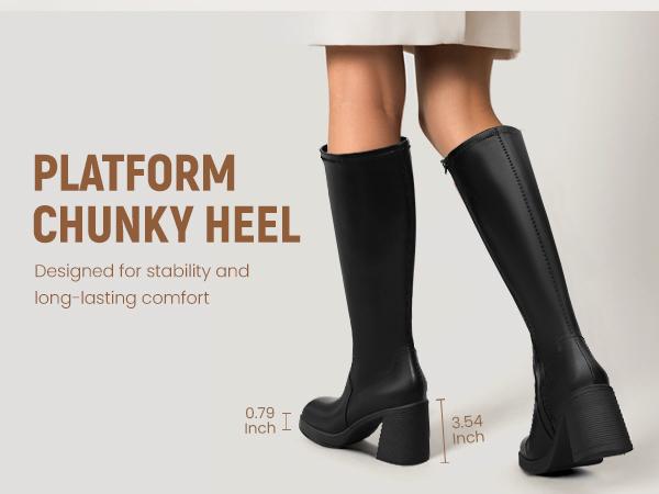 Athlefit Knee High Boots for Women Square Toe Platform Chunky Heel Stretchy Tall Boots with Side Zipper