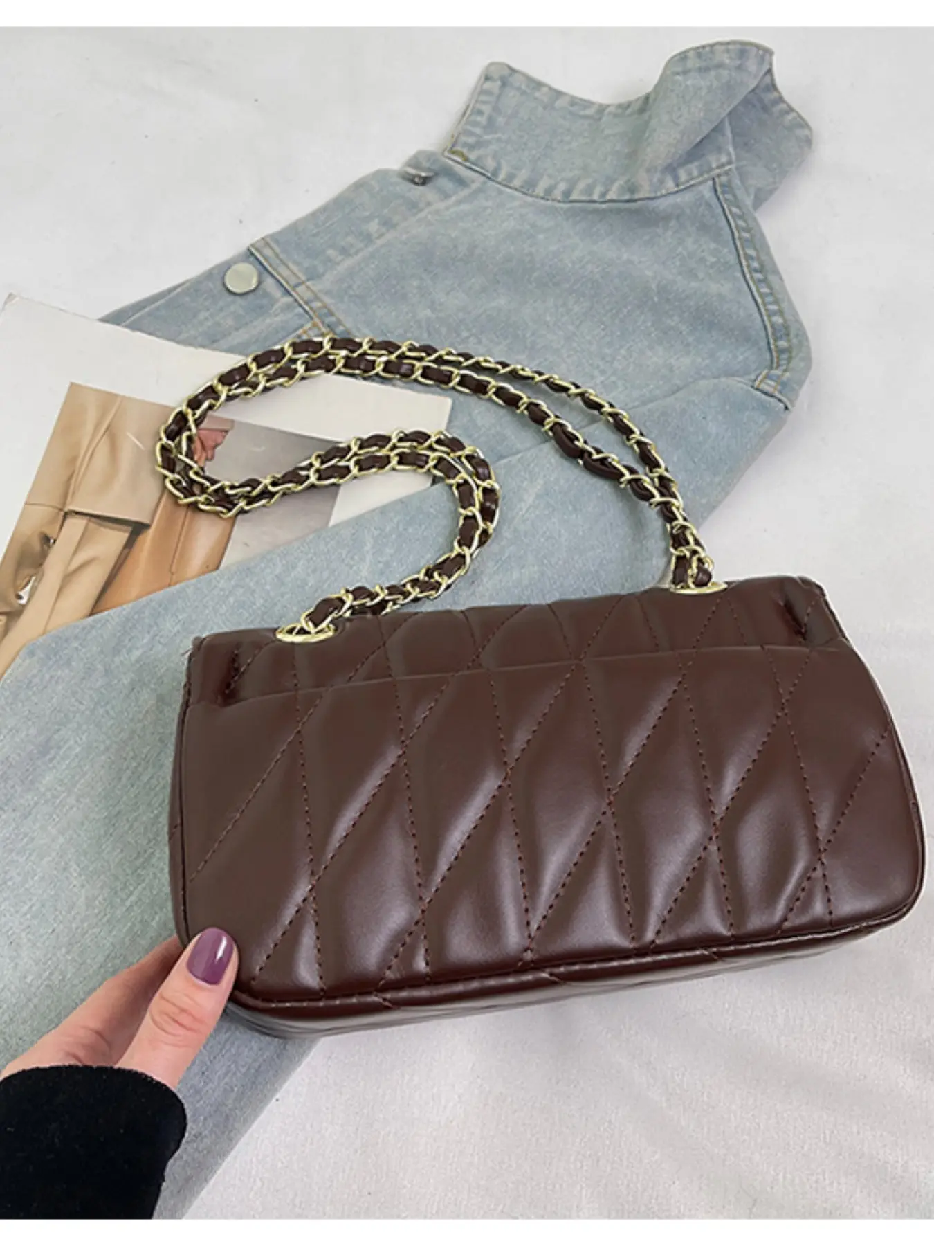 Women's Crossbody Bag, Embroidered Chain Design, Fashionable Daily Use, Elegant Belt Bag, Colorblock Pattern, All Seasons Accessory