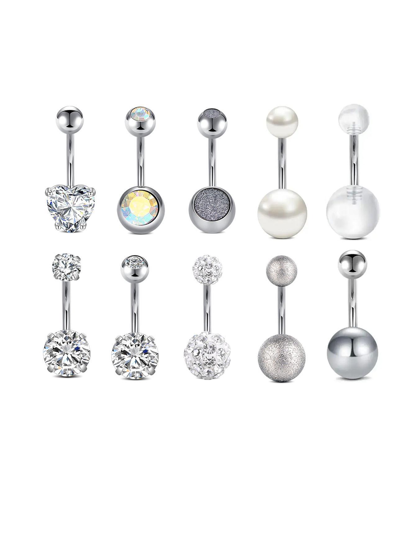 10pcs/set Elegant Rhinestone Heart Decor Belly Button Ring, Trendy Women Belly Piercing Body Jewelry, Classic Fashion Accessories for Daily Wear, Valentine's Day Gift, Body Piercings Set