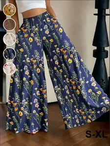 Women's French Country Ditsy Floral Wide-Leg Trousers, High-Waisted Elastic Waist Slimming Casual Pants, Summer Beach Vacation Long Trousers