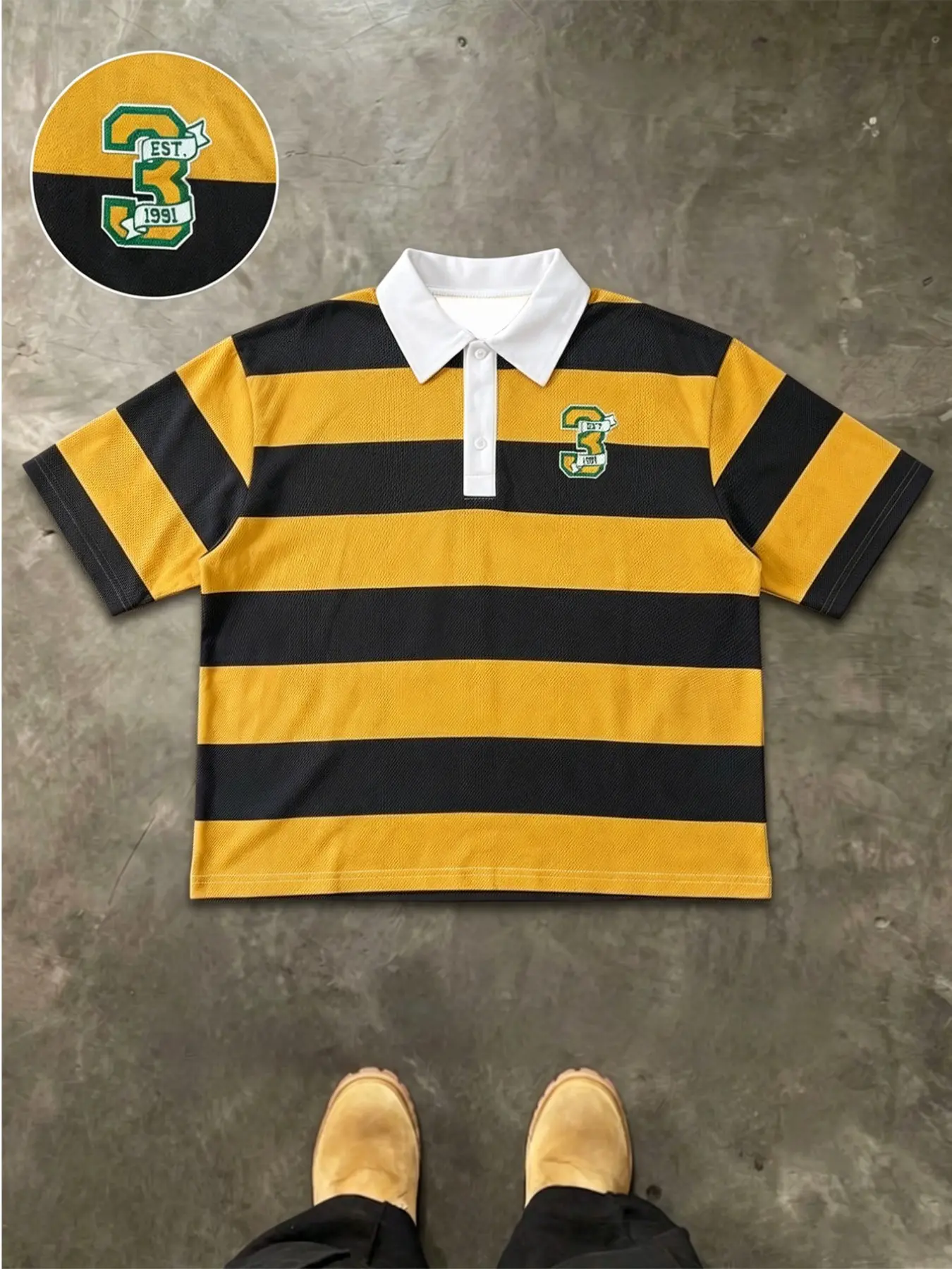 Men's Yellow Navy Wide Horizontal Stripe Striped Short Sleeve Polo Shirt, White Contrast Collar, Number 3 Badge Embroidery Embroidered, Loose Vintage Street Streetwear Casual Top