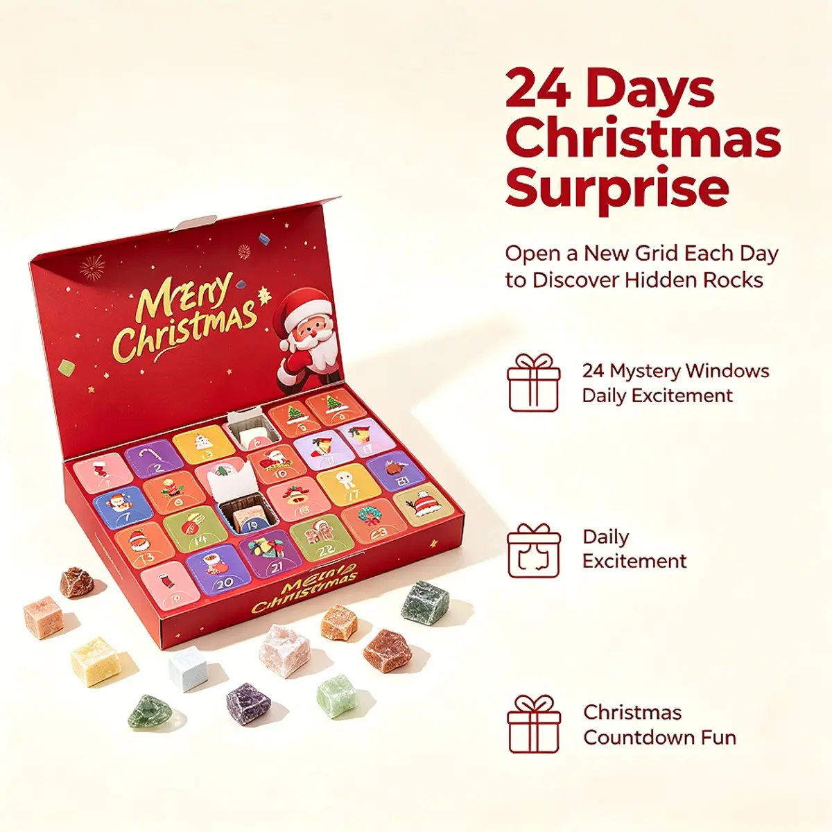 24-Day Christmas Countdown Advent Calendar, 24 Natural Raw Crystal Gemstones, DIY Educational Science Kit, Christmas Holiday Gift Set