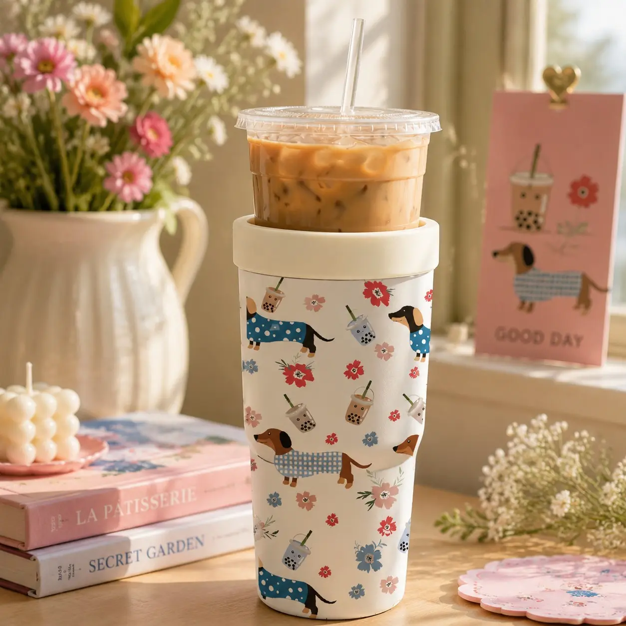 1PC 32oz Cute Dachshund, Boba & Floral Print 2-in-1 Insulated Tumbler & Iced Coffee Cup Sleeve, Leak-Proof Double Wall Vacuum Stainless Steel Travel Mug, Cold 12+H & Hot 6+H, Fits 16–24oz To-Go Cups, Gift for Friends & Family