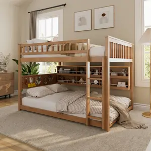 Full over Full Bunk Bed with Integrated Shelving, Color-Changing Lights and Pegboard, Brown